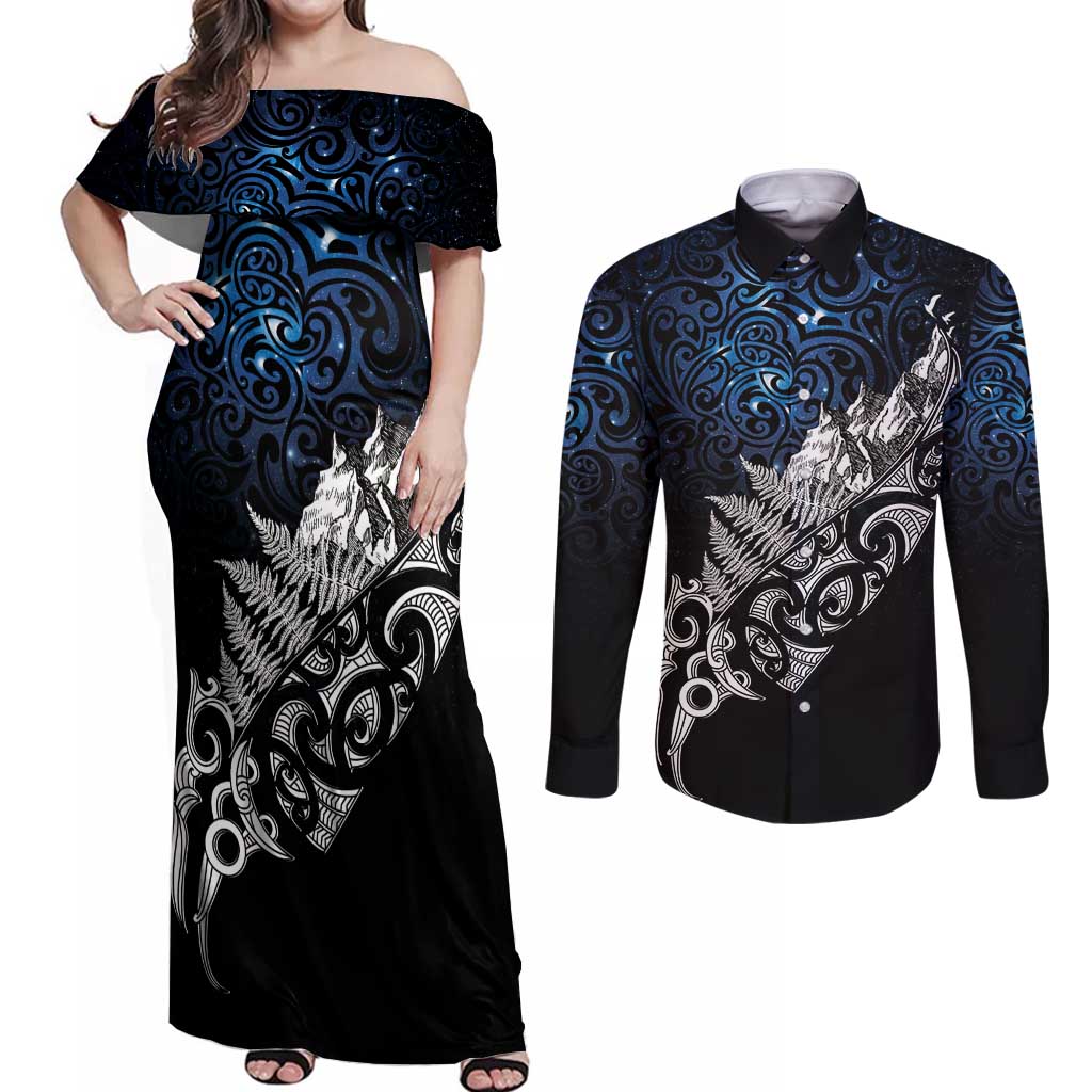 Maori Matariki Couples Matching Off Shoulder Maxi Dress and Long Sleeve Button Shirt Landscape Styled Fern - Galaxy