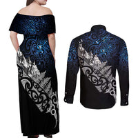 Maori Matariki Couples Matching Off Shoulder Maxi Dress and Long Sleeve Button Shirt Landscape Styled Fern - Galaxy