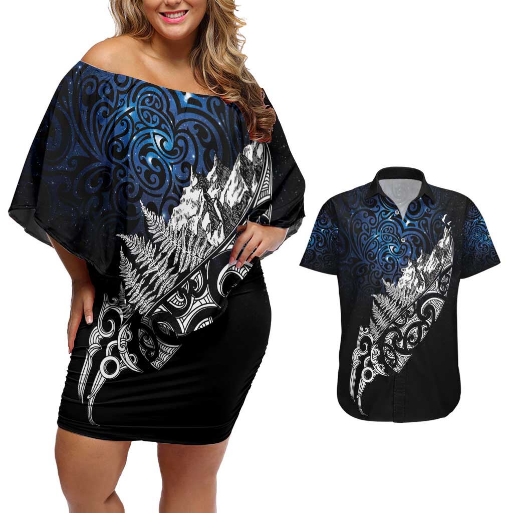 Maori Matariki Couples Matching Off Shoulder Short Dress and Hawaiian Shirt Landscape Styled Fern - Galaxy