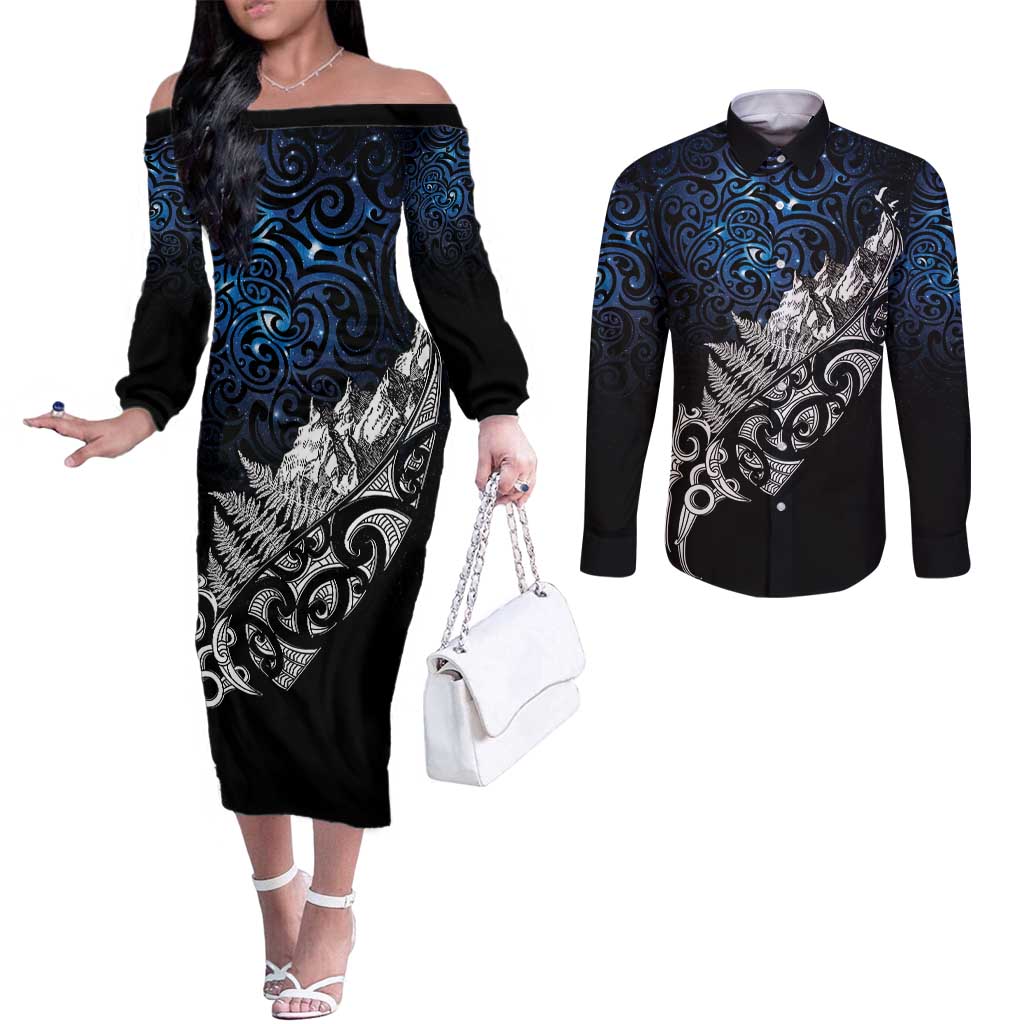 Maori Matariki Couples Matching Off The Shoulder Long Sleeve Dress and Long Sleeve Button Shirt Landscape Styled Fern - Galaxy