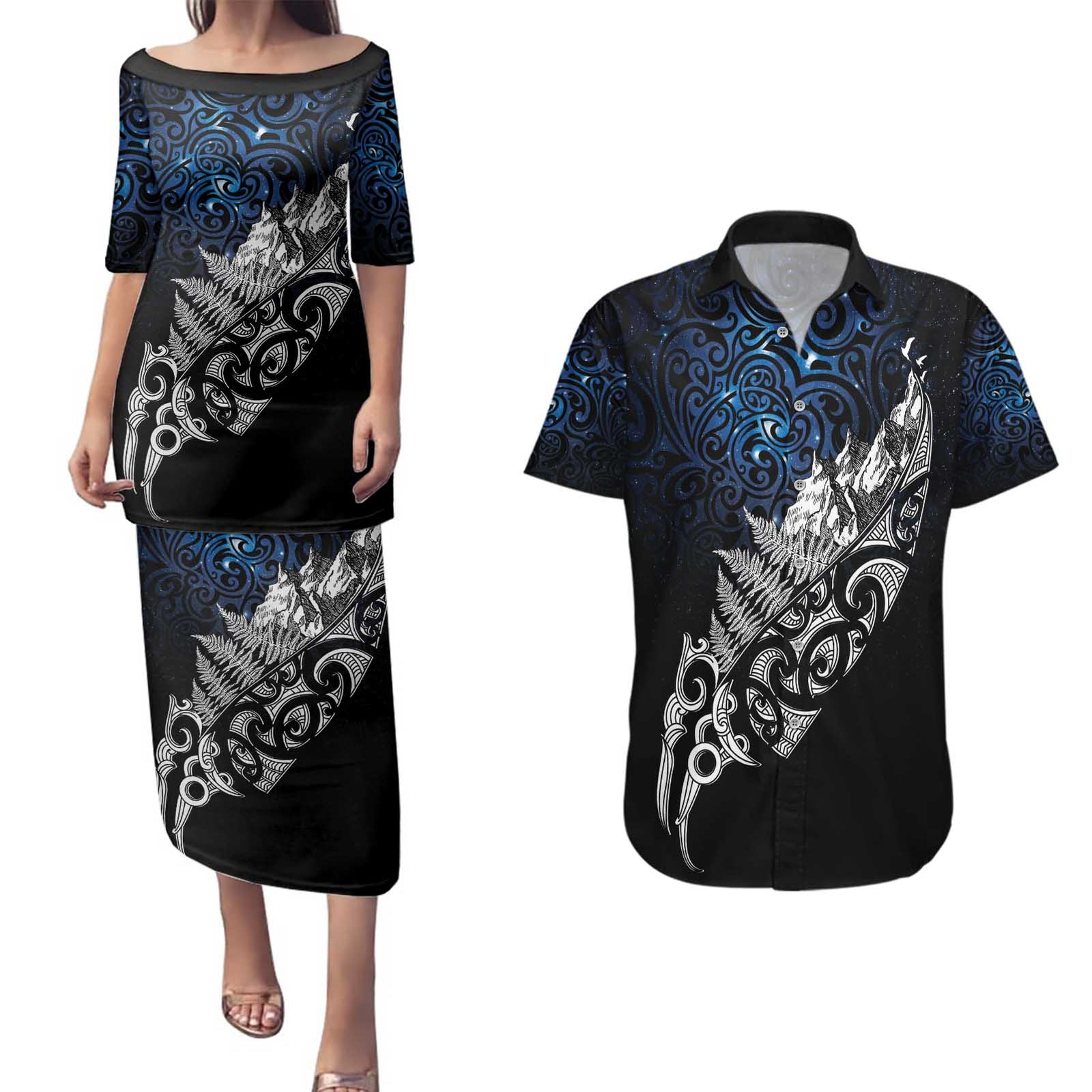 Maori Matariki Couples Matching Puletasi and Hawaiian Shirt Landscape Styled Fern - Galaxy LT7 Black - Polynesian Pride