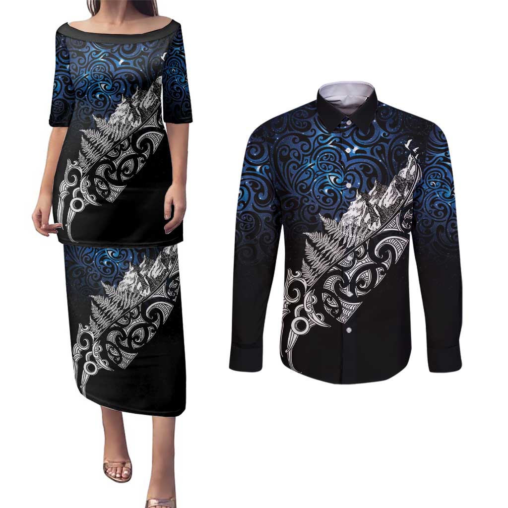 Maori Matariki Couples Matching Puletasi and Long Sleeve Button Shirt Landscape Styled Fern - Galaxy LT7 Black - Polynesian Pride