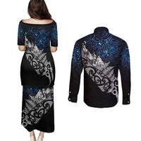 Maori Matariki Couples Matching Puletasi and Long Sleeve Button Shirt Landscape Styled Fern - Galaxy