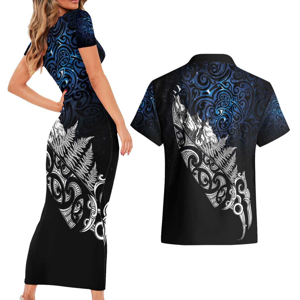 Maori Matariki Couples Matching Short Sleeve Bodycon Dress and Hawaiian Shirt Landscape Styled Fern - Galaxy