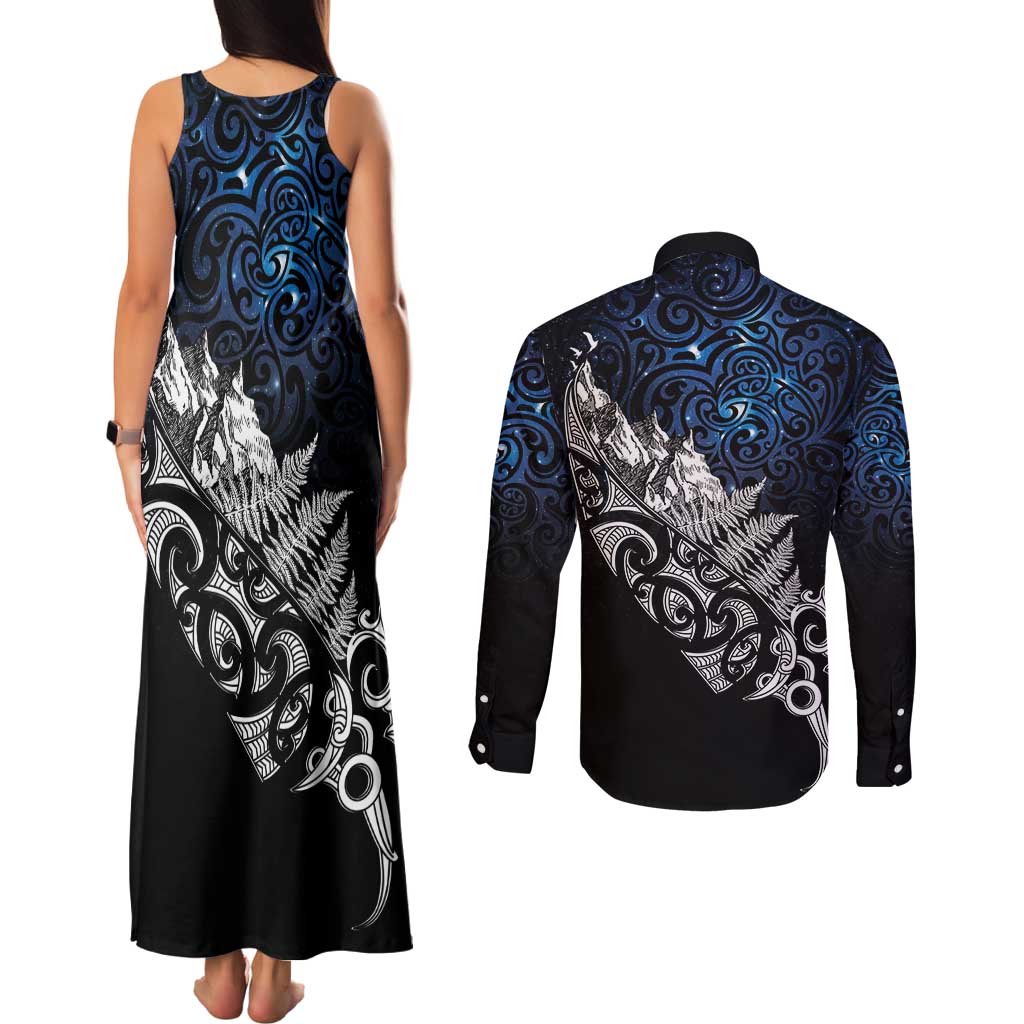 Maori Matariki Couples Matching Tank Maxi Dress and Long Sleeve Button Shirt Landscape Styled Fern - Galaxy