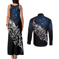 Maori Matariki Couples Matching Tank Maxi Dress and Long Sleeve Button Shirt Landscape Styled Fern - Galaxy