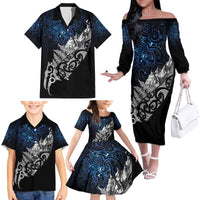 Maori Matariki Family Matching Off The Shoulder Long Sleeve Dress and Hawaiian Shirt Landscape Styled Fern - Galaxy