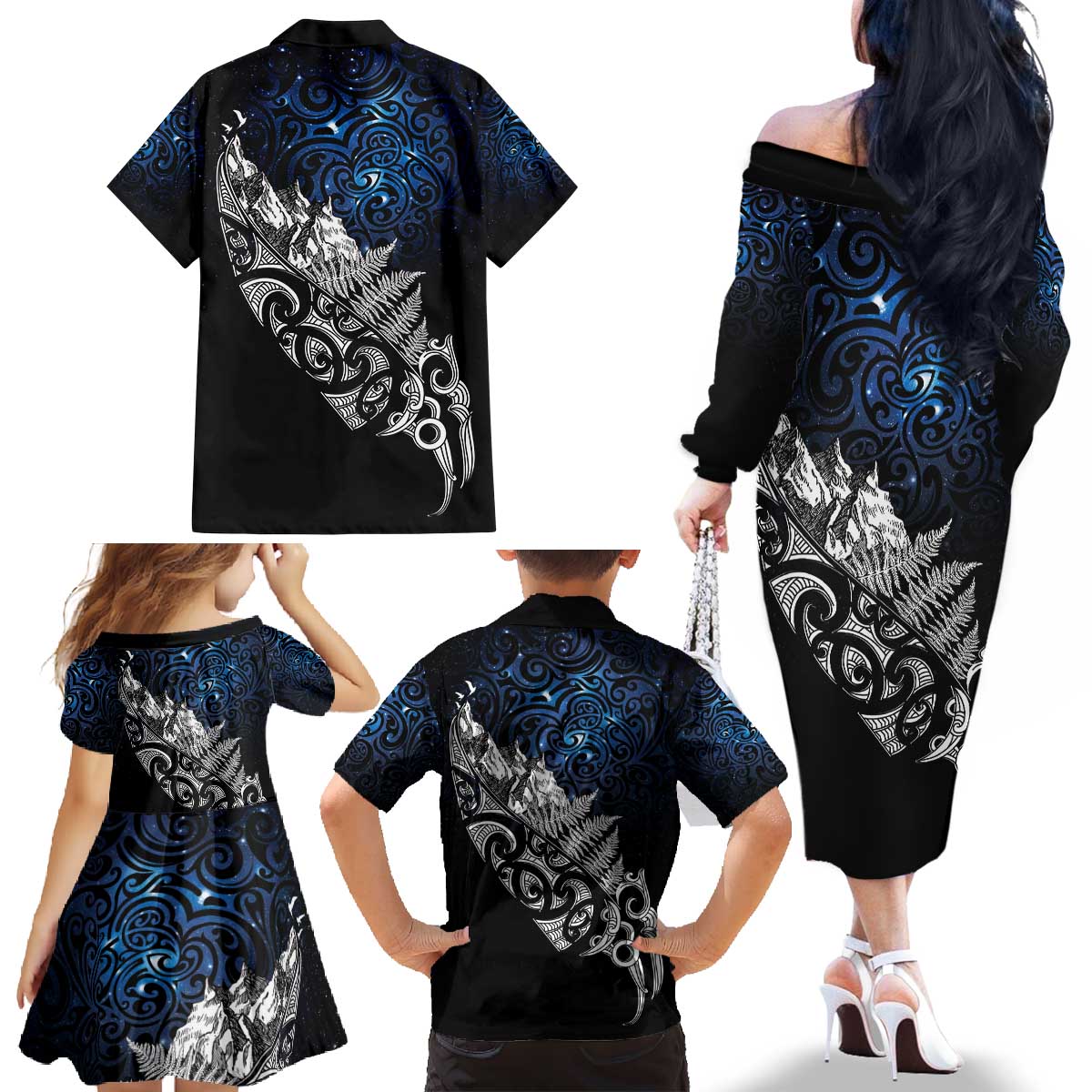 Maori Matariki Family Matching Off The Shoulder Long Sleeve Dress and Hawaiian Shirt Landscape Styled Fern - Galaxy