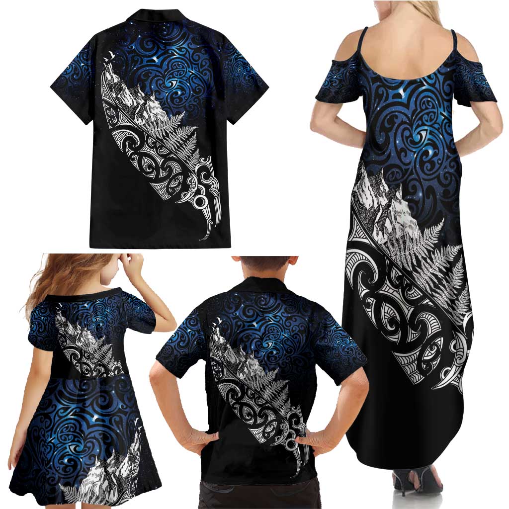 Maori Matariki Family Matching Summer Maxi Dress and Hawaiian Shirt Landscape Styled Fern - Galaxy