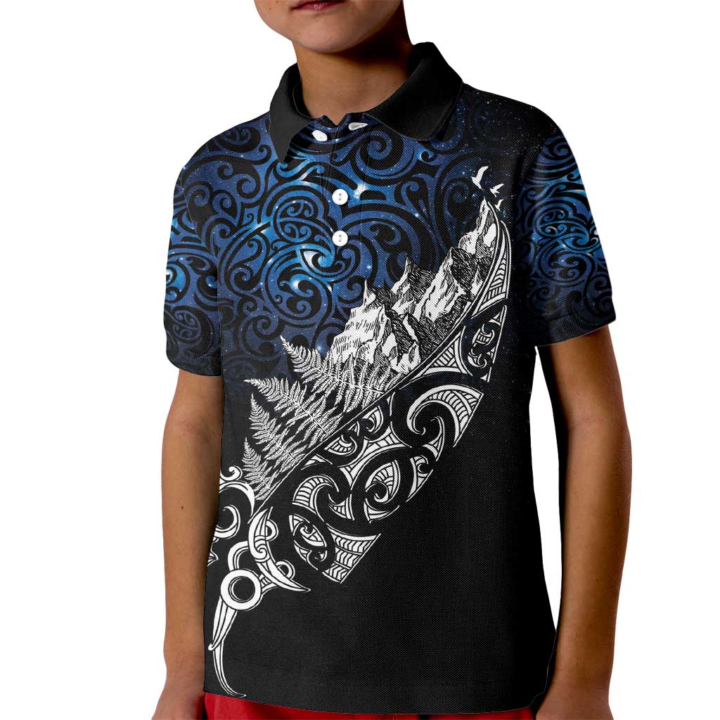 Maori Matariki Kid Polo Shirt Landscape Styled Fern - Galaxy LT7 Kid Black - Polynesian Pride