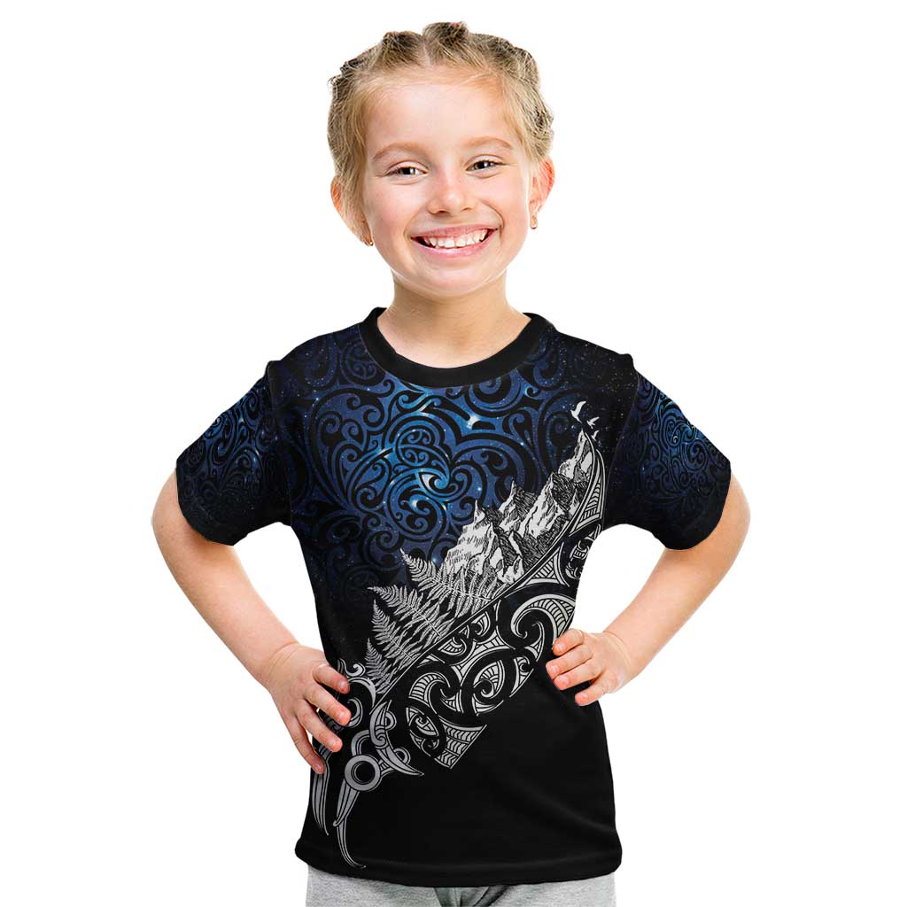 Maori Matariki Kid T Shirt Landscape Styled Fern - Galaxy LT7 Black - Polynesian Pride