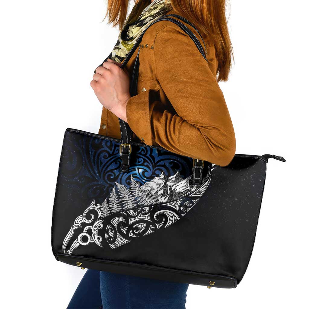 Maori Matariki Leather Tote Bag Landscape Styled Fern - Galaxy LT7 Black - Polynesian Pride