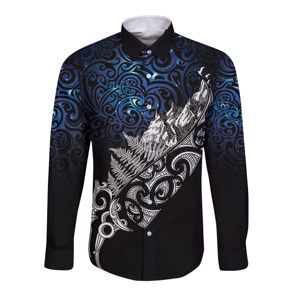Maori Matariki Long Sleeve Button Shirt Landscape Styled Fern - Galaxy