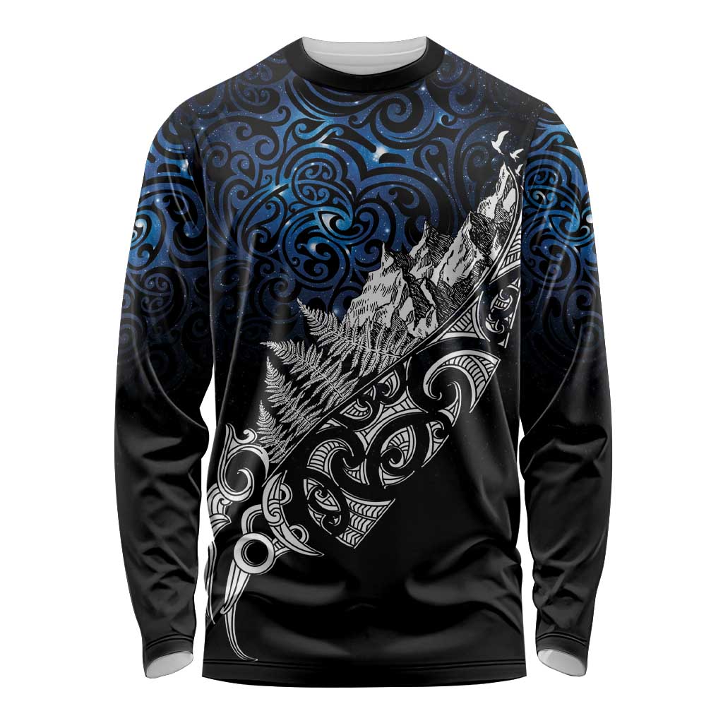Maori Matariki Long Sleeve Shirt Landscape Styled Fern - Galaxy LT7 Unisex Black - Polynesian Pride
