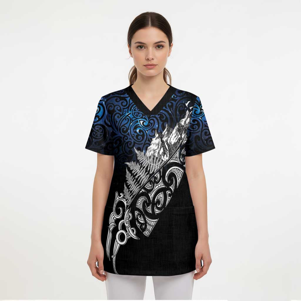 Maori Matariki Scrub Top Landscape Styled Fern - Galaxy - Polynesian Pride