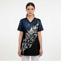 Maori Matariki Scrub Top Landscape Styled Fern - Galaxy - Polynesian Pride