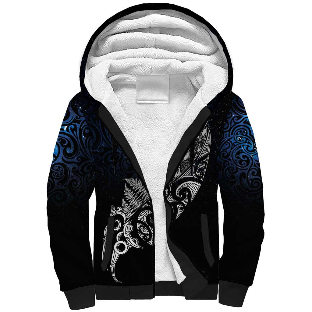 Maori Matariki Sherpa Hoodie Landscape Styled Fern - Galaxy LT7 Unisex Black - Polynesian Pride