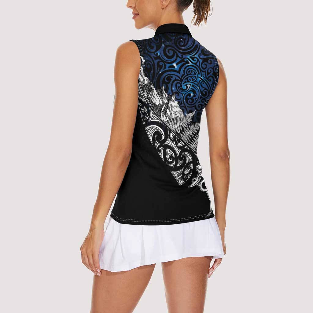 Maori Matariki Women Sleeveless Polo Shirt Landscape Styled Fern - Galaxy
