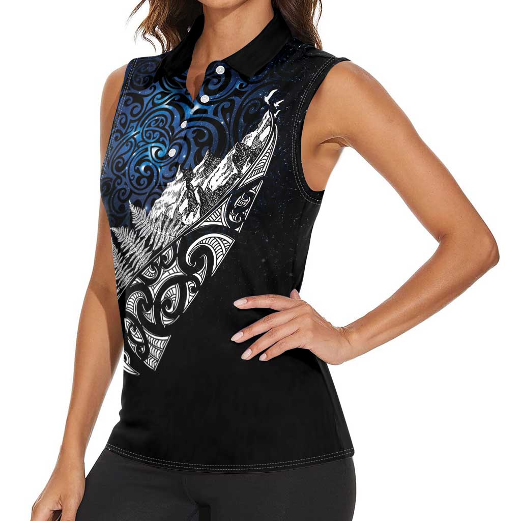 Maori Matariki Women Sleeveless Polo Shirt Landscape Styled Fern - Galaxy