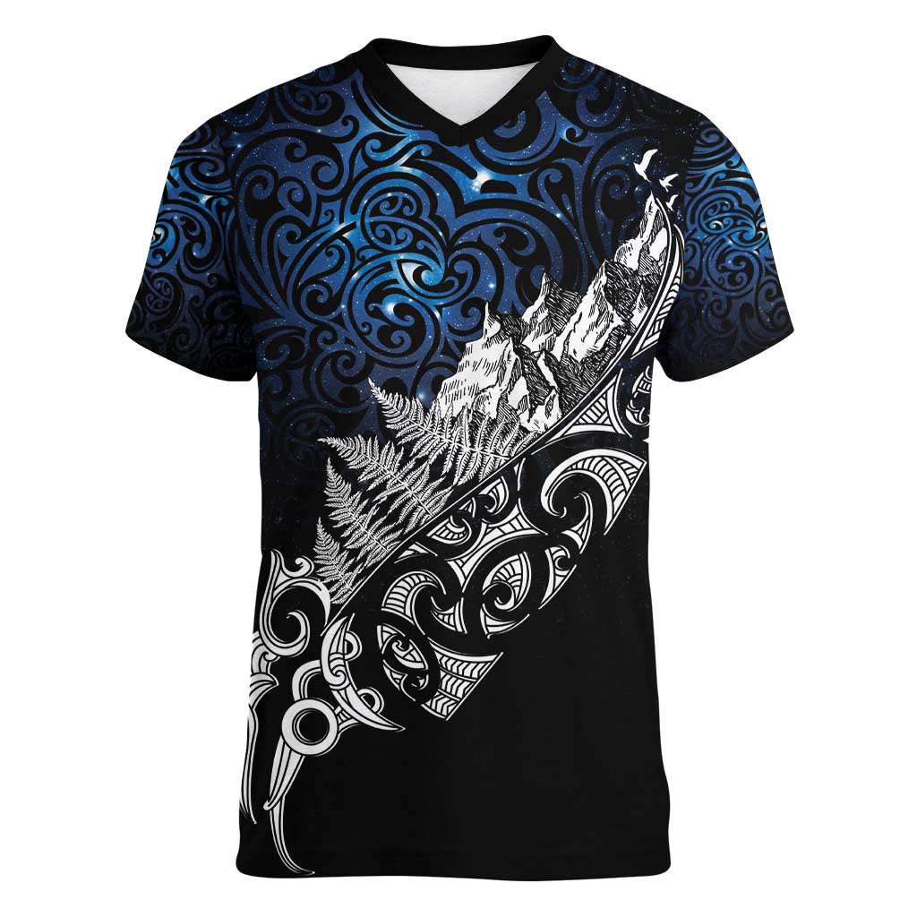 Maori Matariki Women V-Neck T-Shirt Landscape Styled Fern - Galaxy LT7 Female Black - Polynesian Pride