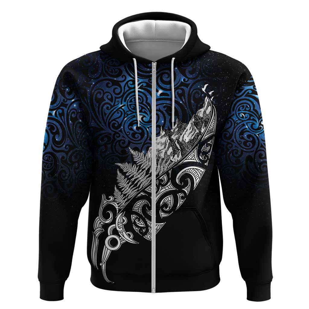 Maori Matariki Zip Hoodie Landscape Styled Fern - Galaxy LT7 Zip Hoodie Black - Polynesian Pride