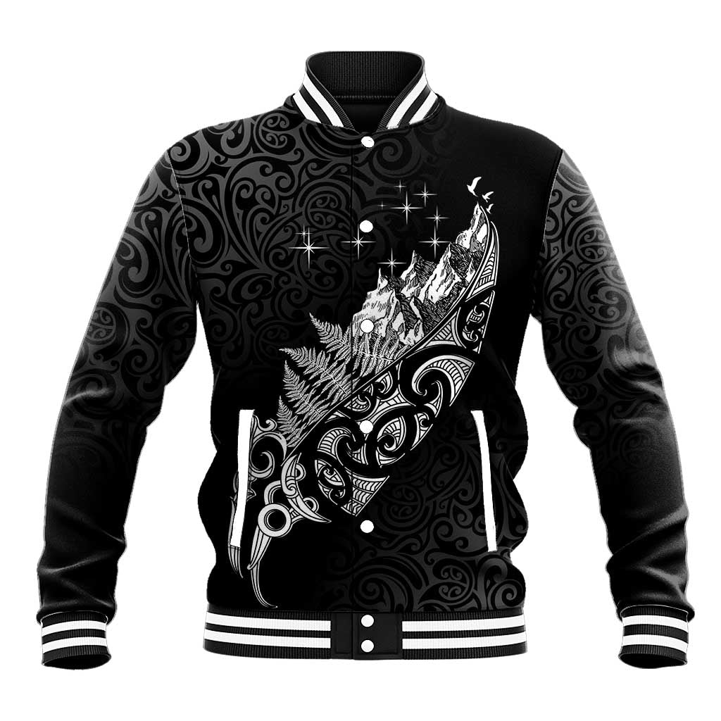 Maori Matariki Baseball Jacket Landscape Styled Fern - Monochrome LT7 Unisex Black - Polynesian Pride