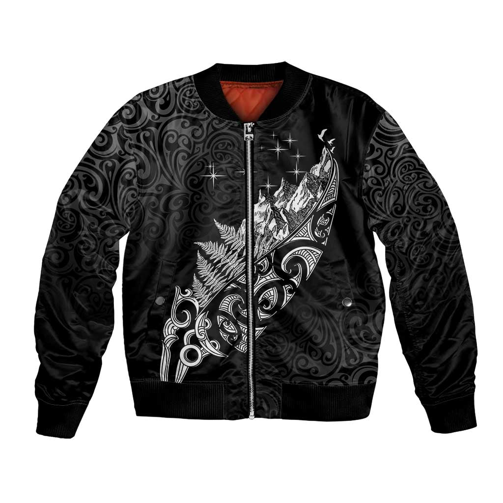 Maori Matariki Bomber Jacket Landscape Styled Fern - Monochrome LT7 Unisex Black - Polynesian Pride