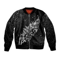 Maori Matariki Bomber Jacket Landscape Styled Fern - Monochrome LT7 Unisex Black - Polynesian Pride