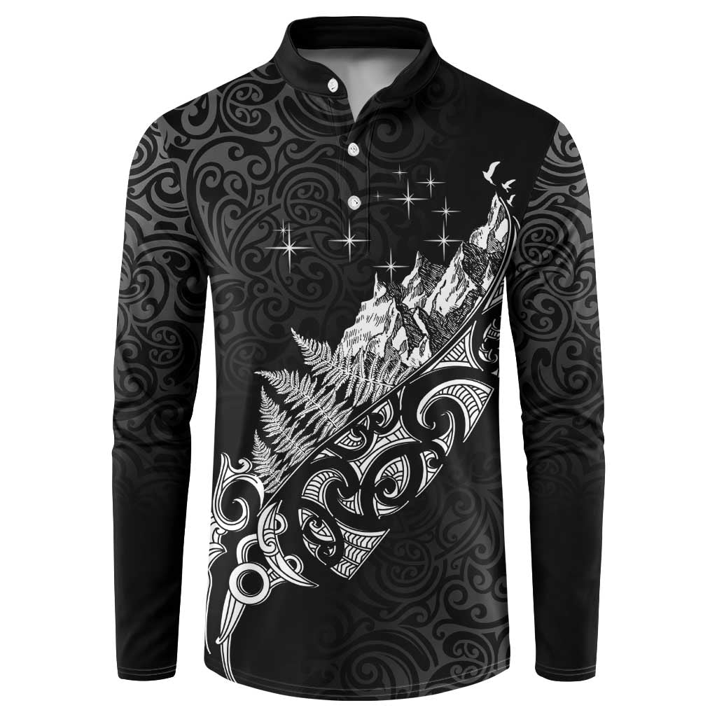 Maori Matariki Button Sweatshirt Landscape Styled Fern - Monochrome LT7 Black - Polynesian Pride