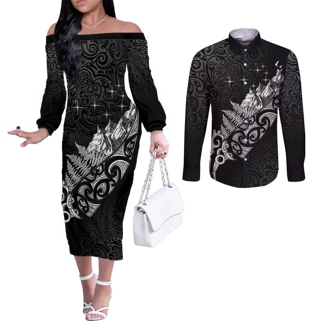 Maori Matariki Couples Matching Off The Shoulder Long Sleeve Dress and Long Sleeve Button Shirt Landscape Styled Fern - Monochrome