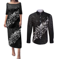 Maori Matariki Couples Matching Puletasi and Long Sleeve Button Shirt Landscape Styled Fern - Monochrome