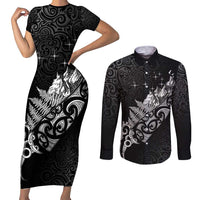 Maori Matariki Couples Matching Short Sleeve Bodycon Dress and Long Sleeve Button Shirt Landscape Styled Fern - Monochrome