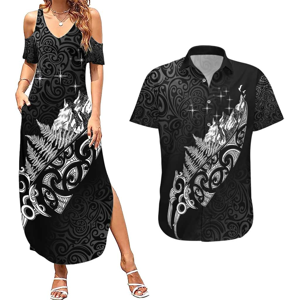 Maori Matariki Couples Matching Summer Maxi Dress and Hawaiian Shirt Landscape Styled Fern - Monochrome