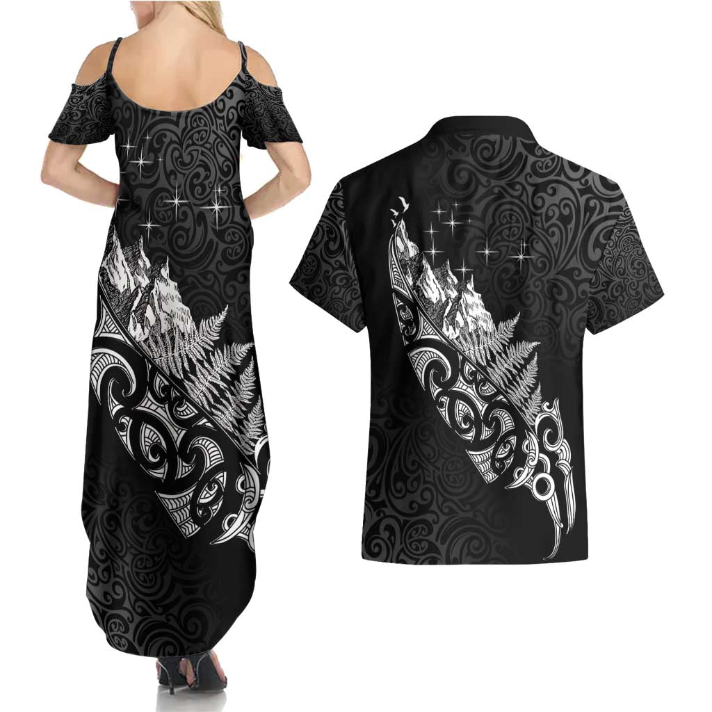 Maori Matariki Couples Matching Summer Maxi Dress and Hawaiian Shirt Landscape Styled Fern - Monochrome