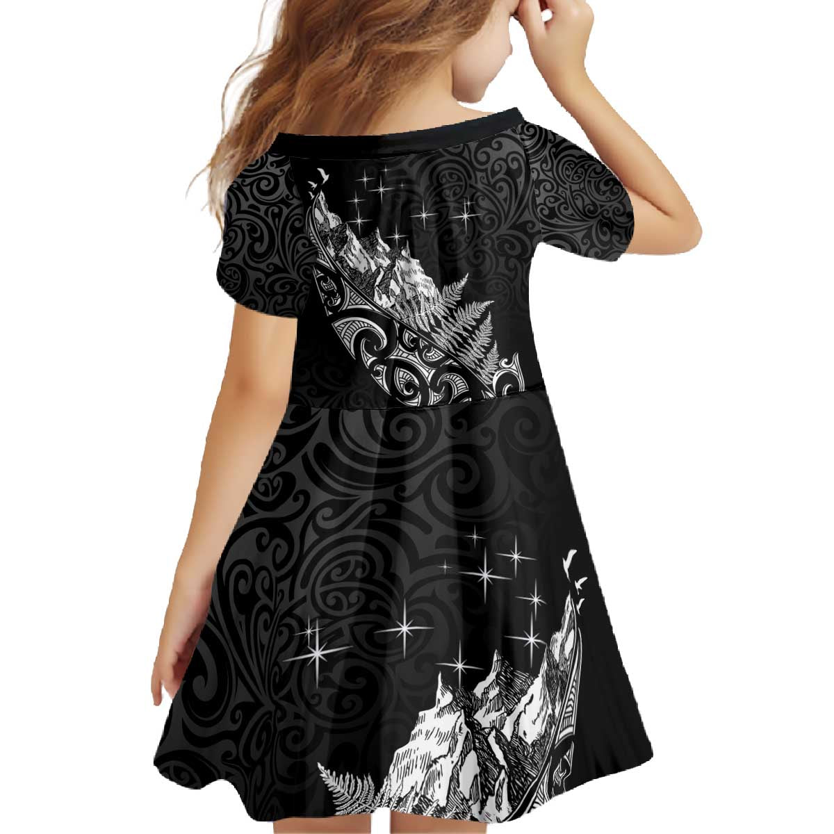 Maori Matariki Family Matching Off The Shoulder Long Sleeve Dress and Hawaiian Shirt Landscape Styled Fern - Monochrome LT7 - Polynesian Pride