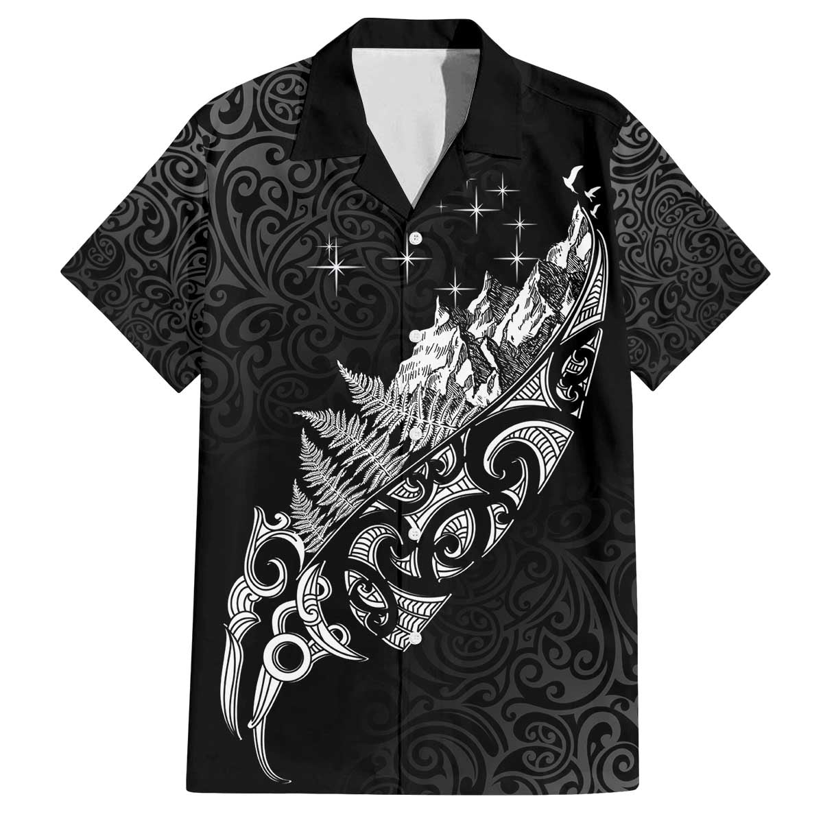 Maori Matariki Family Matching Off The Shoulder Long Sleeve Dress and Hawaiian Shirt Landscape Styled Fern - Monochrome LT7 Dad's Shirt - Short Sleeve Black - Polynesian Pride