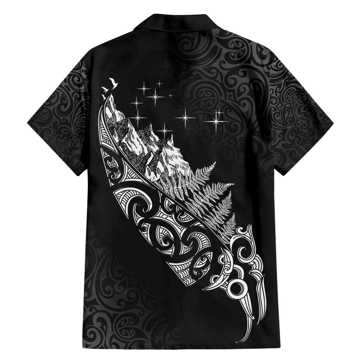 Maori Matariki Family Matching Off The Shoulder Long Sleeve Dress and Hawaiian Shirt Landscape Styled Fern - Monochrome LT7 - Polynesian Pride