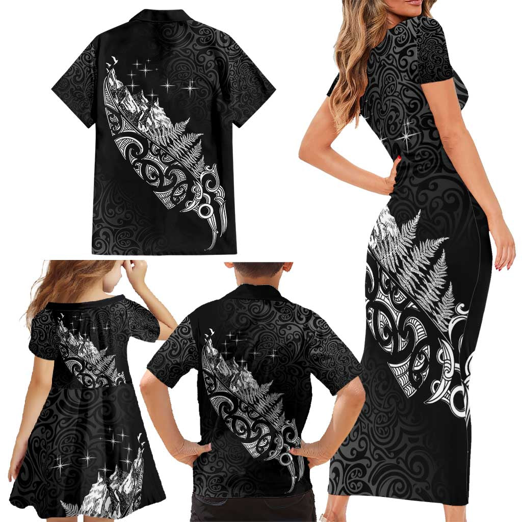 Maori Matariki Family Matching Short Sleeve Bodycon Dress and Hawaiian Shirt Landscape Styled Fern - Monochrome