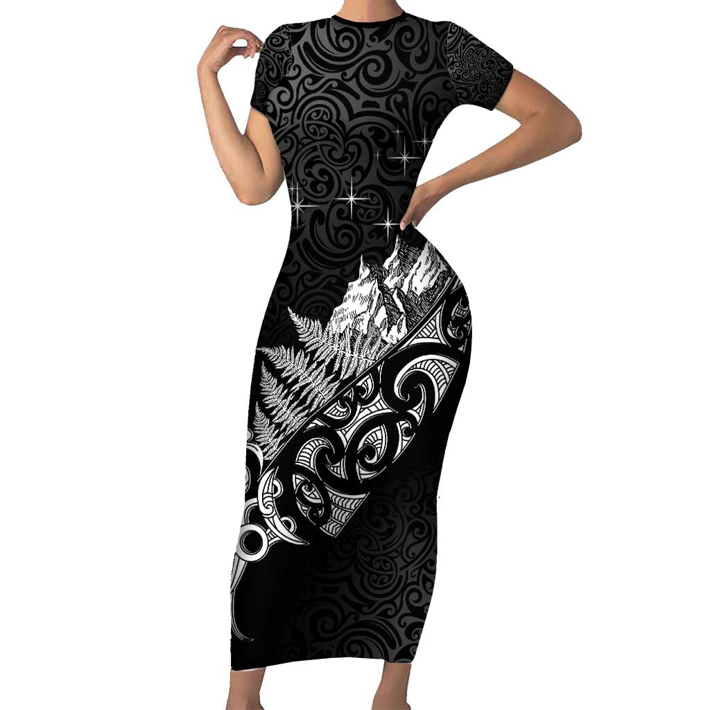 Maori Matariki Family Matching Short Sleeve Bodycon Dress and Hawaiian Shirt Landscape Styled Fern - Monochrome
