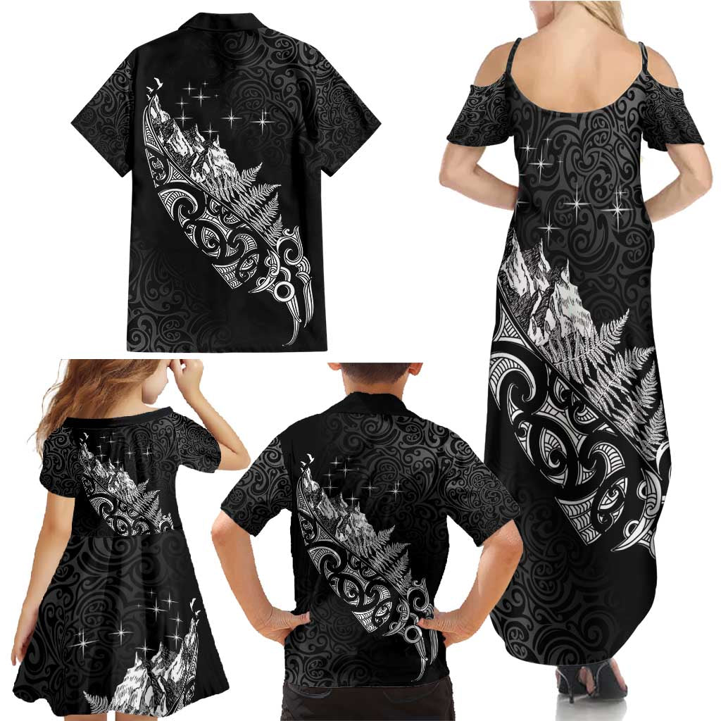 Maori Matariki Family Matching Summer Maxi Dress and Hawaiian Shirt Landscape Styled Fern - Monochrome