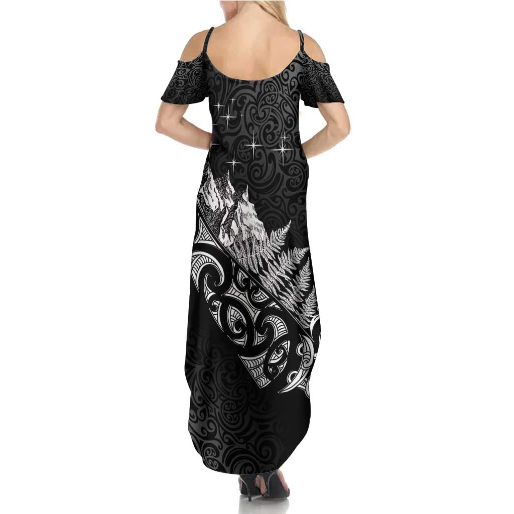 Maori Matariki Family Matching Summer Maxi Dress and Hawaiian Shirt Landscape Styled Fern - Monochrome