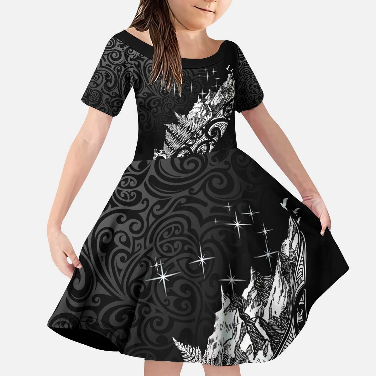 Maori Matariki Kid Short Sleeve Dress Landscape Styled Fern - Monochrome