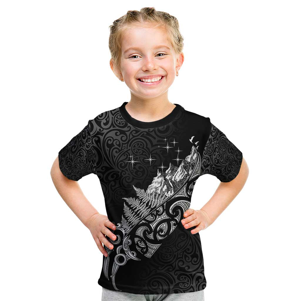 Maori Matariki Kid T Shirt Landscape Styled Fern - Monochrome LT7 Black - Polynesian Pride