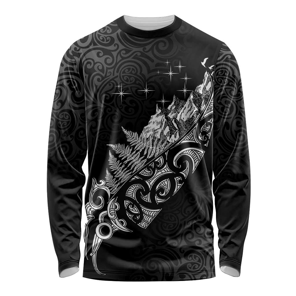 Maori Matariki Long Sleeve Shirt Landscape Styled Fern - Monochrome LT7 Unisex Black - Polynesian Pride