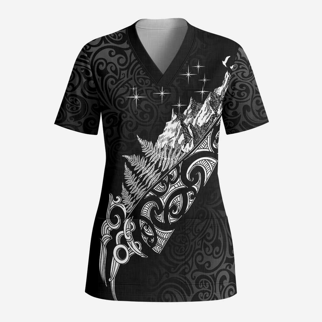 Maori Matariki Scrub Top Landscape Styled Fern - Monochrome - Polynesian Pride