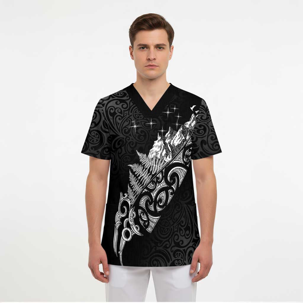 Maori Matariki Scrub Top Landscape Styled Fern - Monochrome - Polynesian Pride