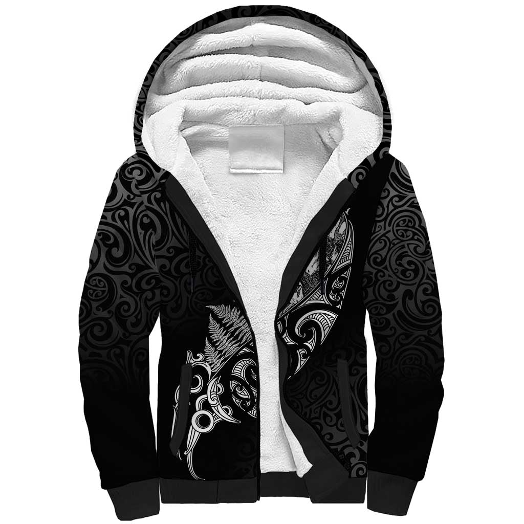 Maori Matariki Sherpa Hoodie Landscape Styled Fern - Monochrome LT7 Unisex Black - Polynesian Pride