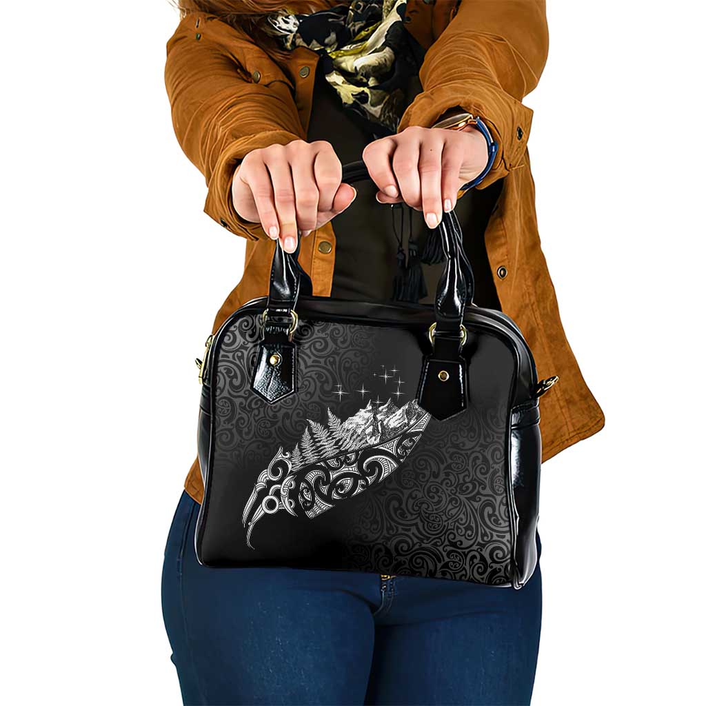 Maori Matariki Shoulder Handbag Landscape Styled Fern - Monochrome LT7 One Size Black - Polynesian Pride