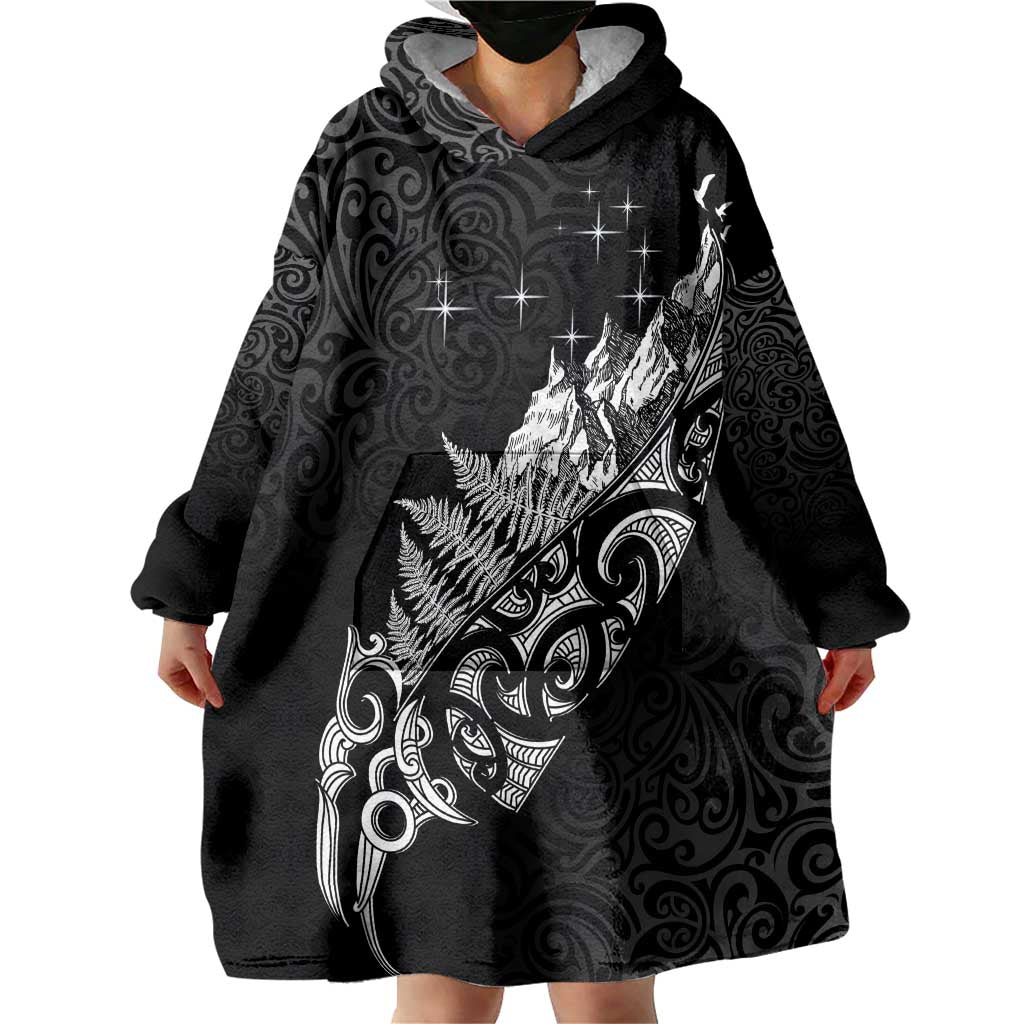 Maori Matariki Wearable Blanket Hoodie Landscape Styled Fern - Monochrome