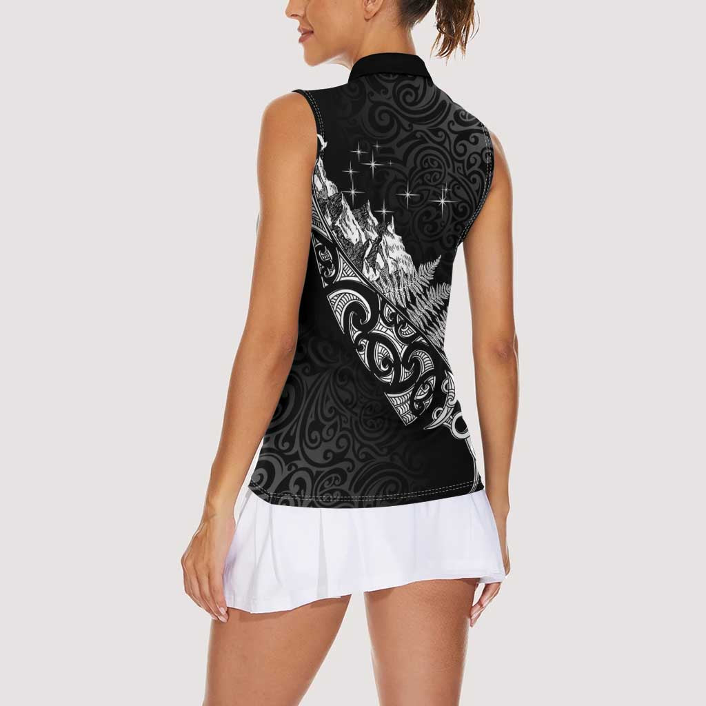 Maori Matariki Women Sleeveless Polo Shirt Landscape Styled Fern - Monochrome